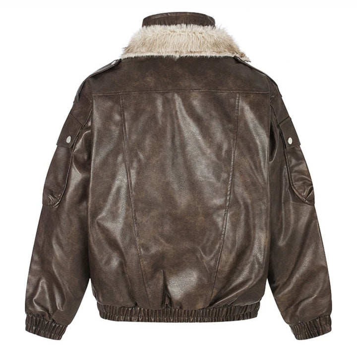 Damen Oversize Kunstleder-Fliegerjacke mit Teddyfutter und Stehkragen Drune