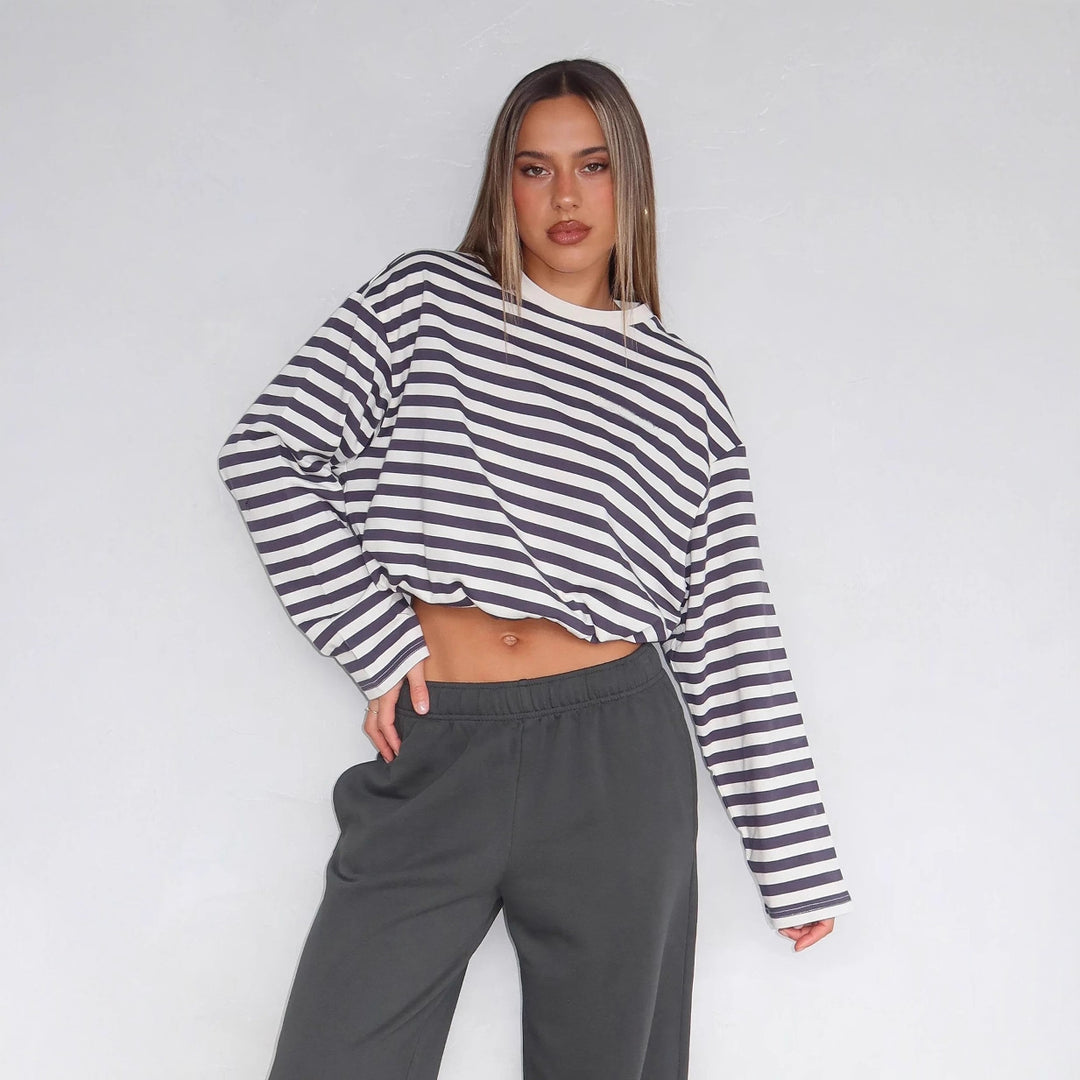 Damen cropped Sweatshirt mit streifen und elastischer Bund Drune