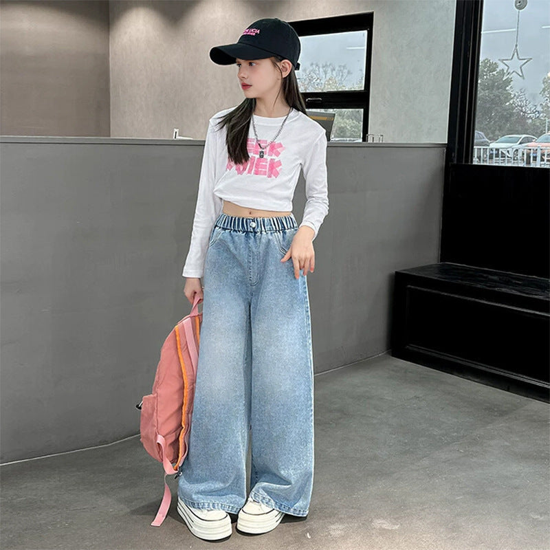 Damen weite Jeanshose mit elastischem Bund und hohem Sitz Drune
