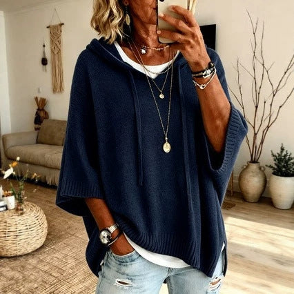 Damen Oversize Strick-Poncho mit Kapuze, Fledermausärmeln und Seitenschlitzen Drune