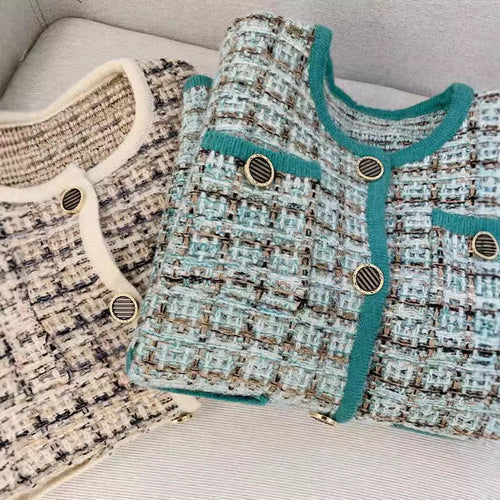 Damen elegante Tweedjacke mit dekorativen Knöpfen und Taschen Drune