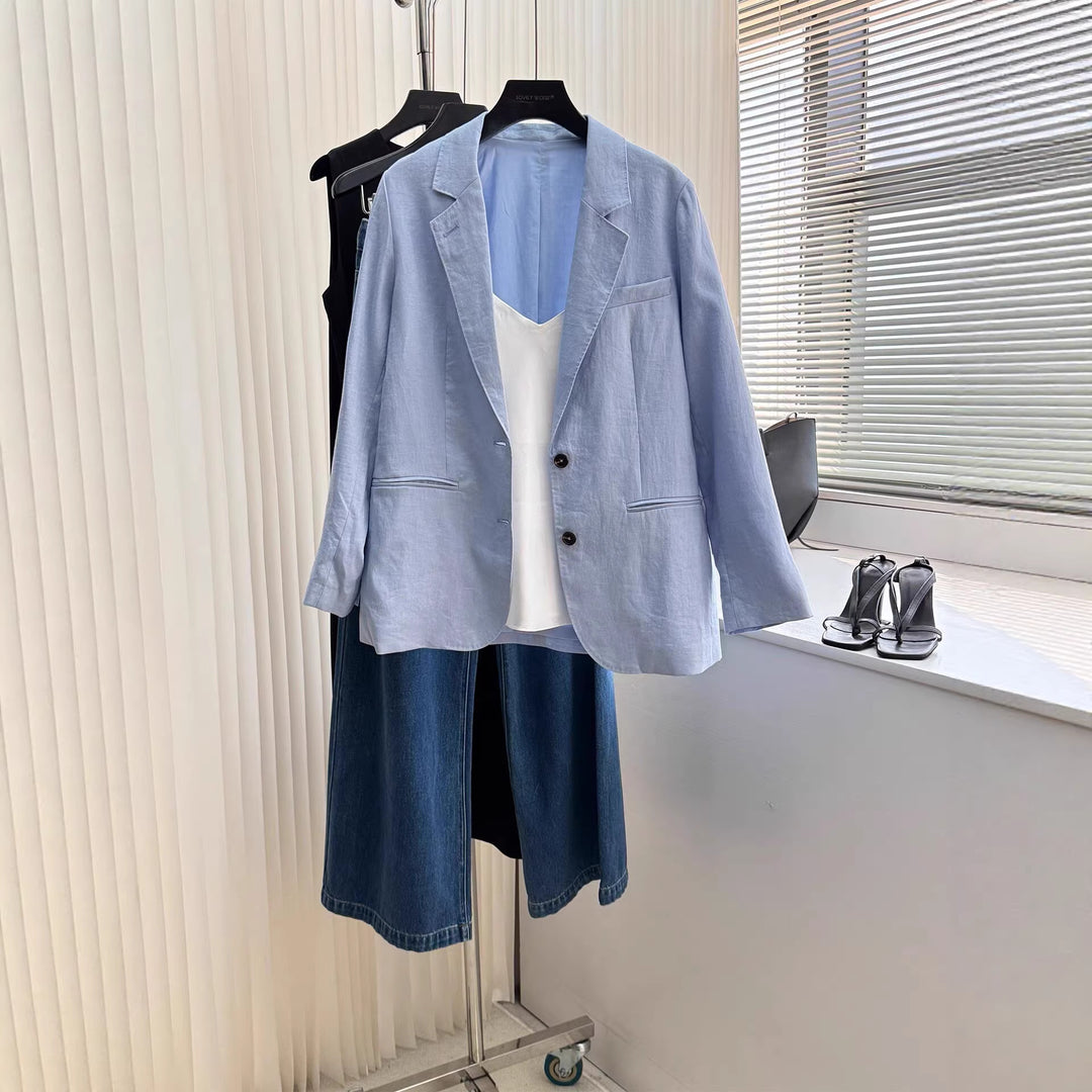 Damen Modischer Leinenblazer mit zwei Taschen Drune