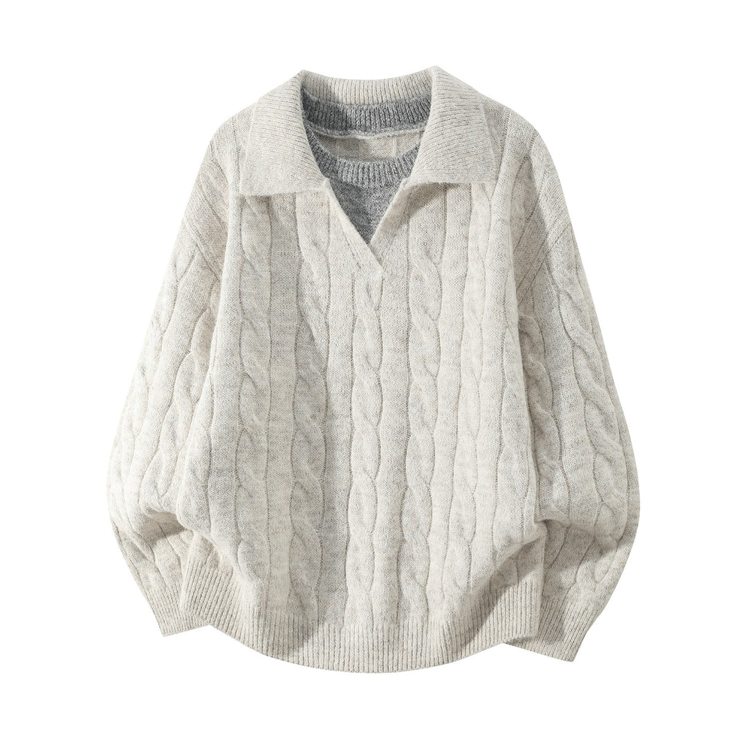 Damen Oversize Zopfmuster-Pullover mit offenem Polokragen & Layer‑Look Drune