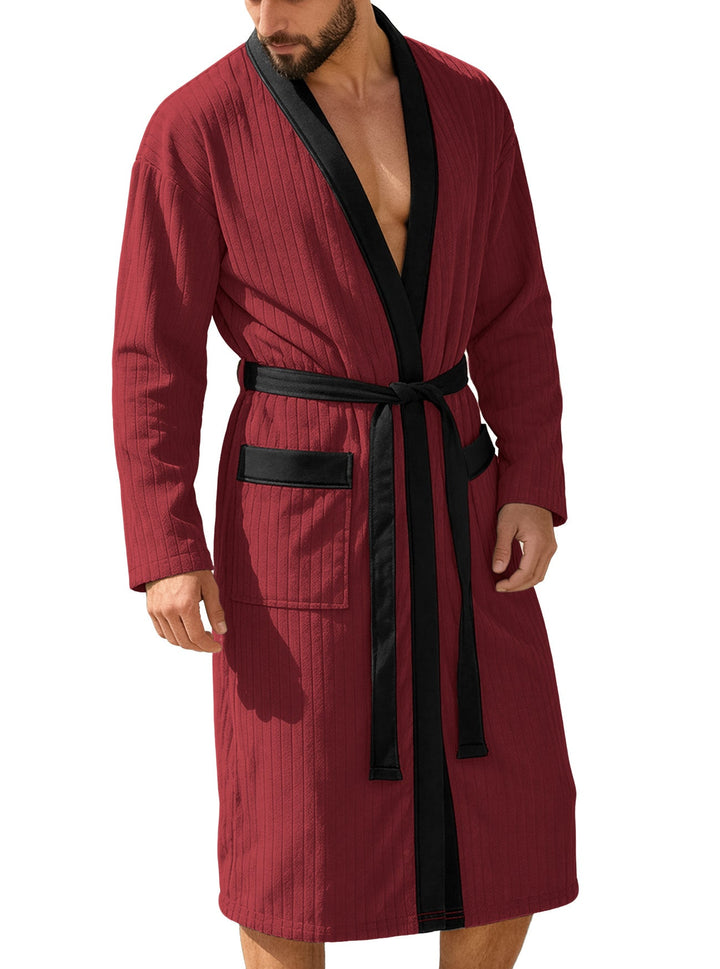 Herren nan wadenlanger Rippen-Bademantel im Kimono-Stil mit Schalkragen und Kontrastpaspel Drune