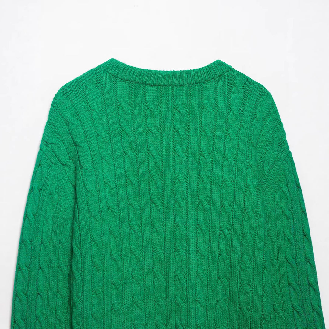 Damen Grobgestrickter V‑Ausschnitt Zopfstrickpullover mit Rippbündchen Drune