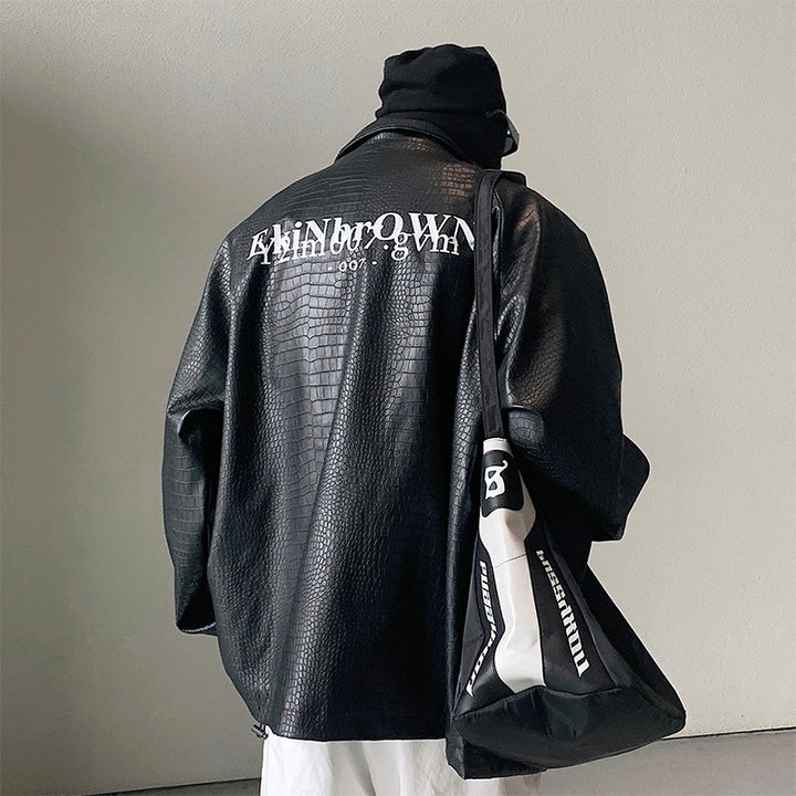 Herren Oversized Kunstlederjacke mit Krokodilprägung und Rückenlogo Drune