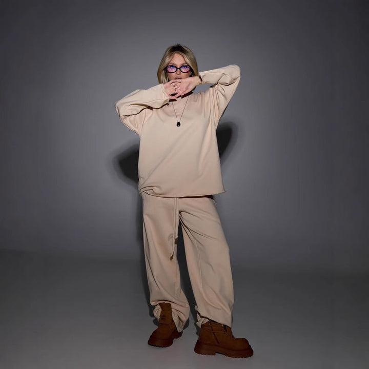 Damen kastiges Sweatstoff-Set mit weichem Rundhalsausschnitt und weiter Kordelbundhose Drune