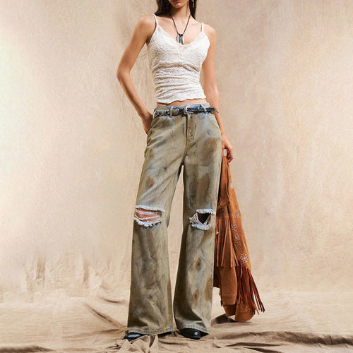 Damen Weit geschnittene Jeanshose mit distressed Details Drune
