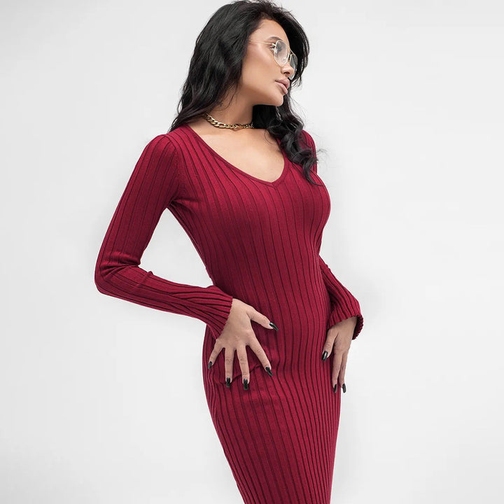 Damen Strickkleid mit tiefem V-Ausschnitt und Rippenstruktur Drune