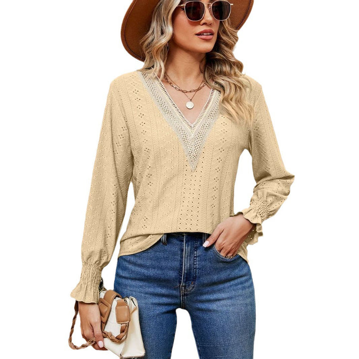Damen Bluse mit luftigen Lochstickereien und V-Ausschnitt Drune