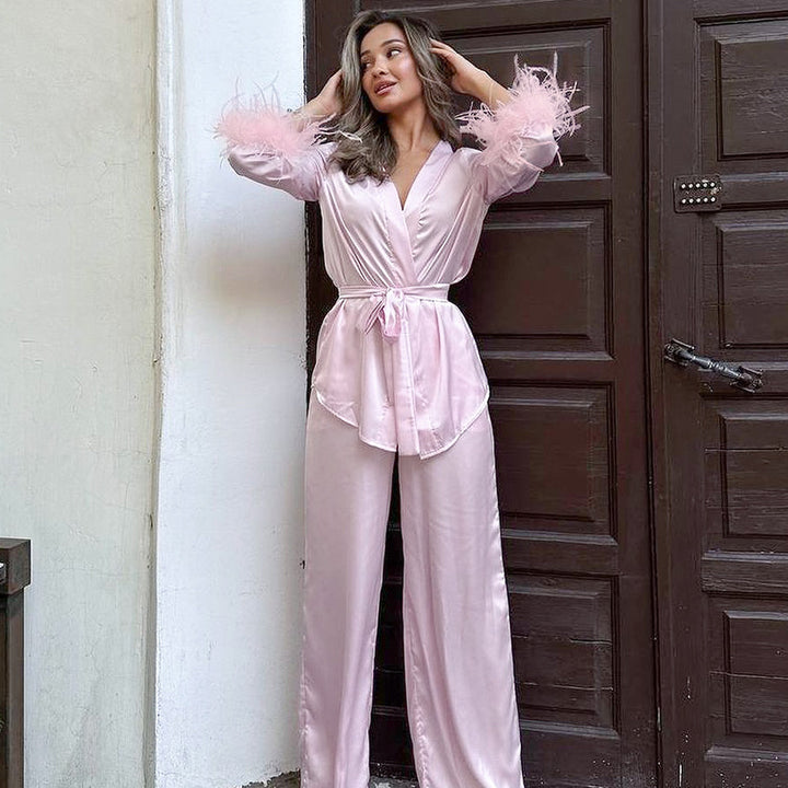 Damen elegantes Satin-Pyjama-Set mit modischen Federdetails Drune