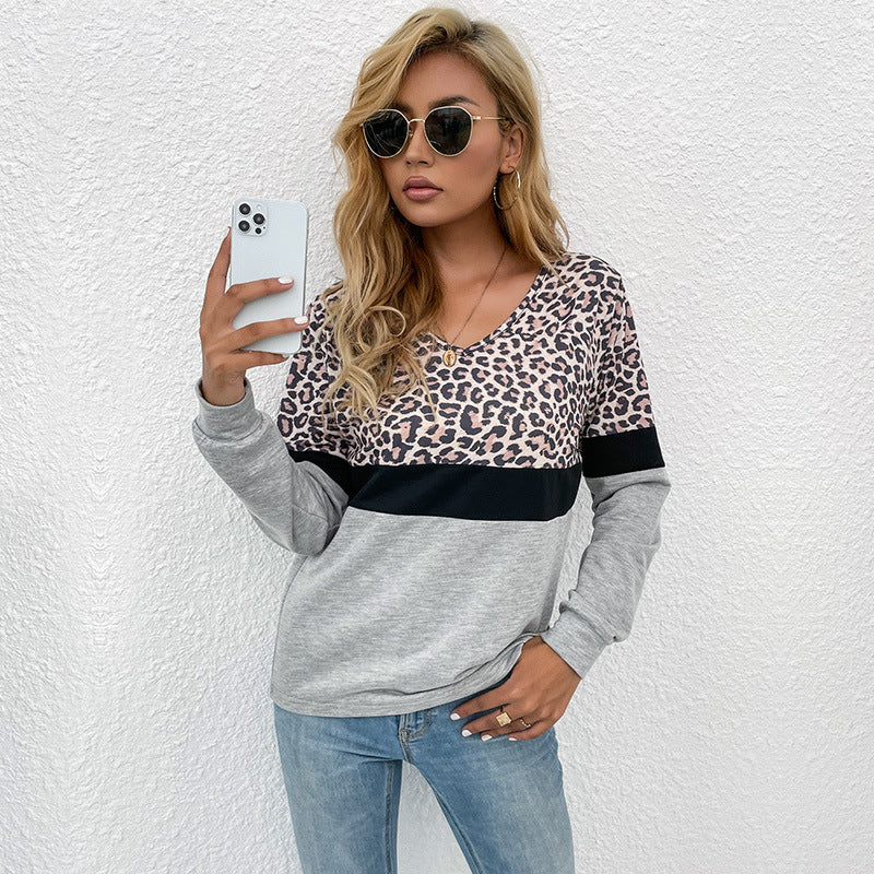 Damen Langarmshirt mit V-Ausschnitt und Leopardenmuster im Colorblock-Design Drune