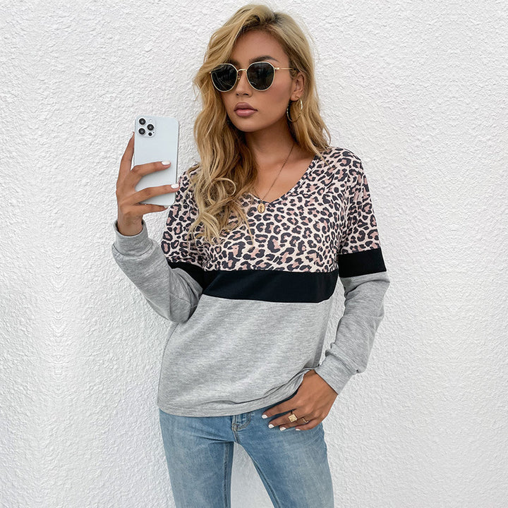 Damen Langarmshirt mit V-Ausschnitt und Leopardenmuster im Colorblock-Design Drune
