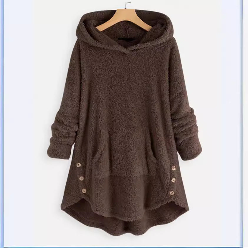 Damen nan kuscheliger Teddy-Kapuzenpullover mit Kängurutasche, Knopfleiste an den Seiten und abgerundetem Saum Drune