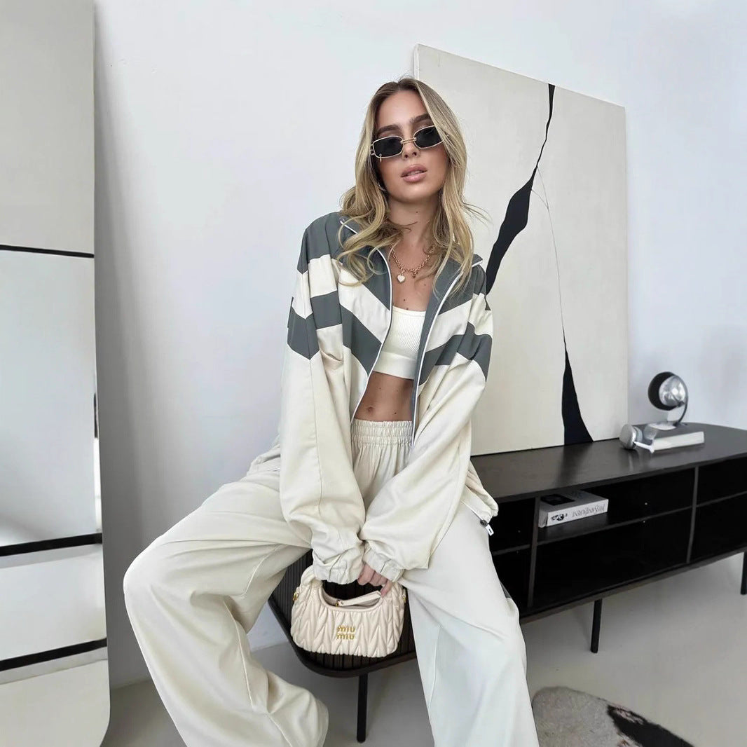 Damen Oversized Windbreaker-Set mit Reißverschlussjacke und elastischer Bundhose Drune