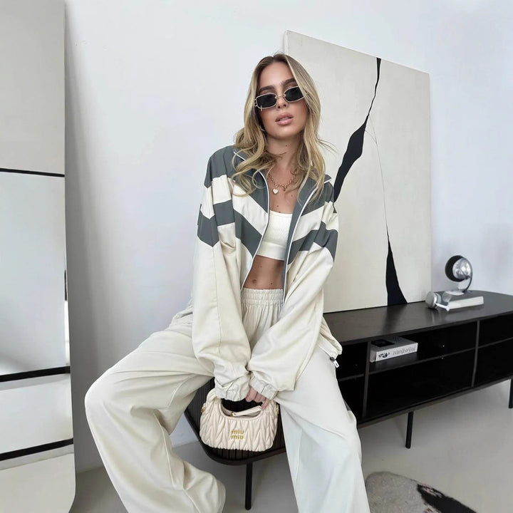 Damen Oversized Windbreaker-Set mit Reißverschlussjacke und elastischer Bundhose Drune