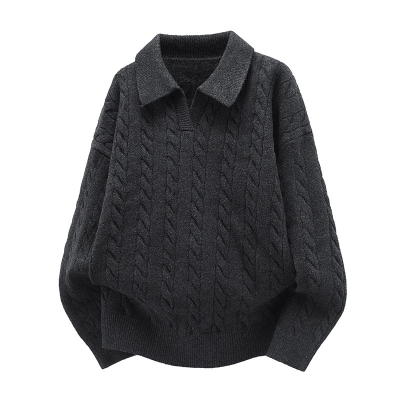 Damen Oversize Kabelstrick-Polo-Pullover mit V‑Ausschnitt und geripptem Saum Drune