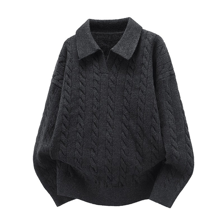 Damen Oversize Kabelstrick-Polo-Pullover mit V‑Ausschnitt und geripptem Saum Drune