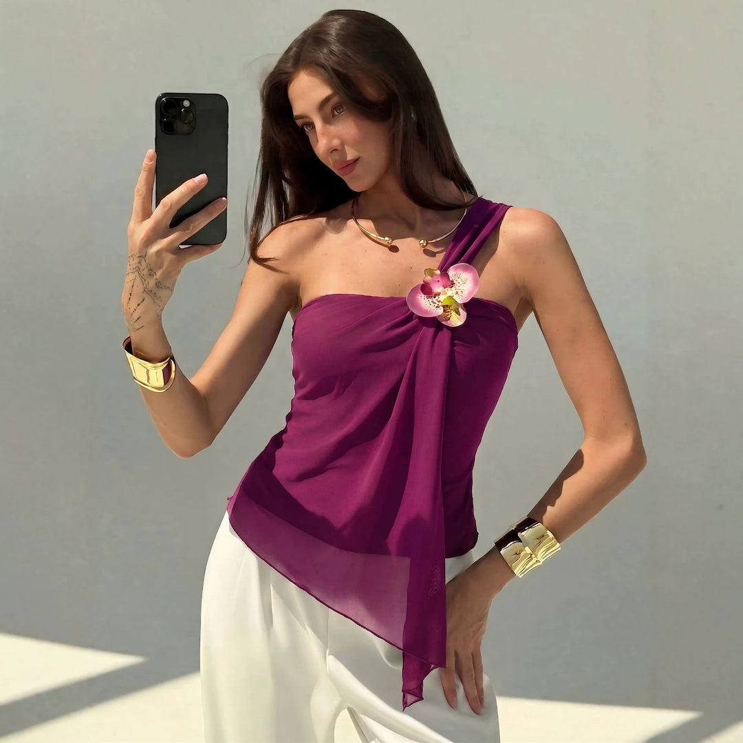 Damen nan asymmetrisches Einschulter-Chiffon-Oberteil mit Drapierung und Zierbrosche Drune