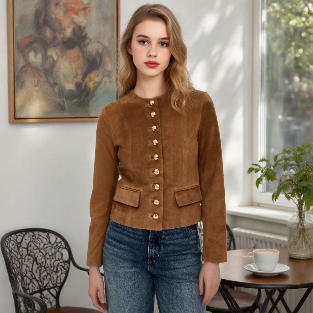 Damen Taillierte Wildlederoptik‑Jacke mit Stehkragen und Zierknopfleiste Drune