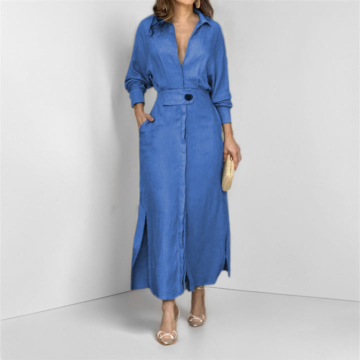 Damen Maxikleid mit elegantem V-Ausschnitt und Gürtel Drune