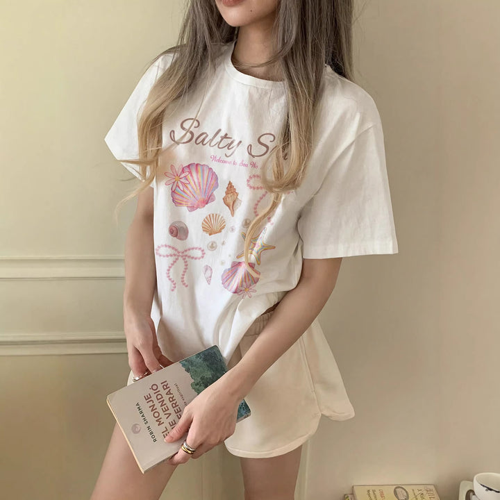 Damen Grafik T-Shirt mit maritimem Muschelmotiv und legerem Schnitt Drune