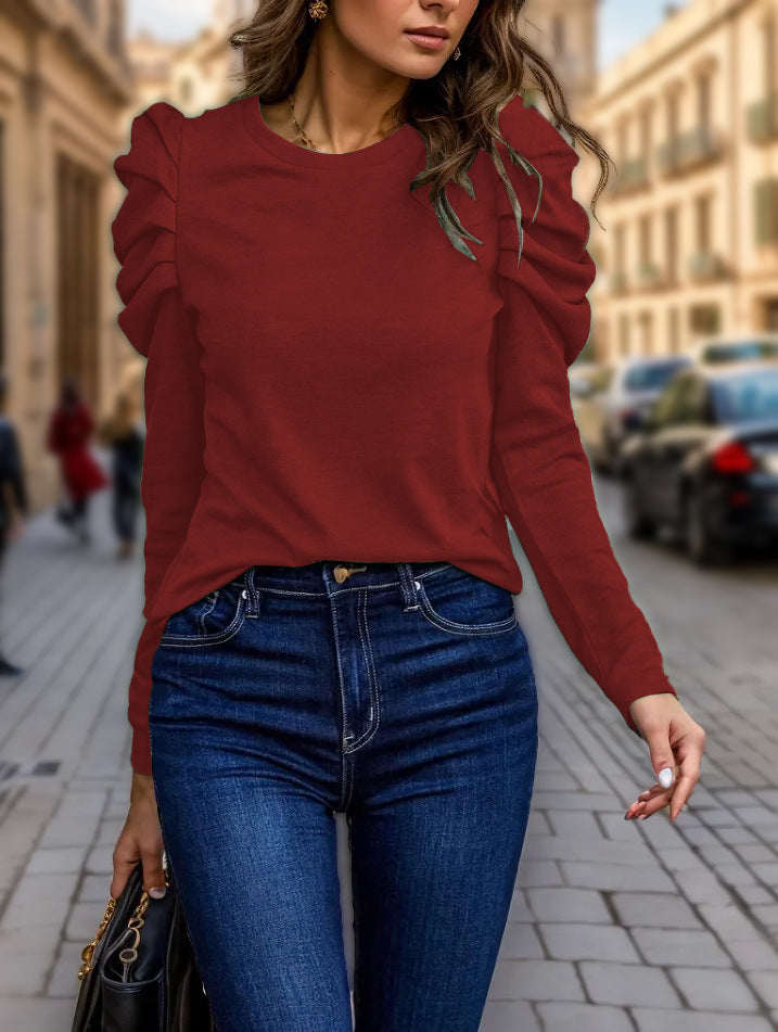 Damen Langarmshirt mit gestuften Raffungen an den Schultern und tailliertem Schnitt Drune