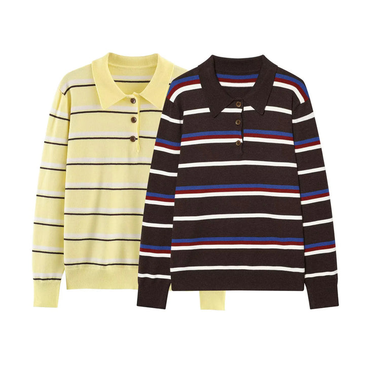 Damen nan gestreifter Poloshirt-Pullover mit Troyerkragen und dezenter Knopfleiste Drune