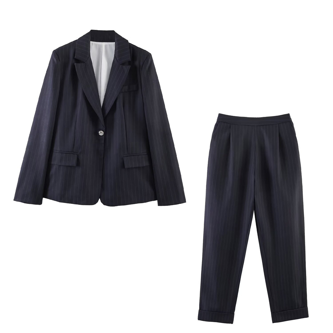 Damen Nadelstreifen-Blazer mit Taillierungsnähten und Ein-Knopf-Verschluss Drune