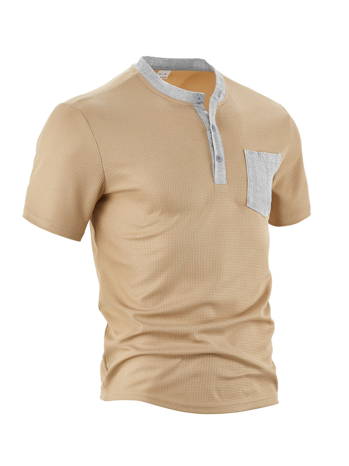 Herren nan atmungsaktives Waffel-Henleyshirt mit Stehkragen kurzer Knopfleiste und aufgesetzter Brusttasche Drune