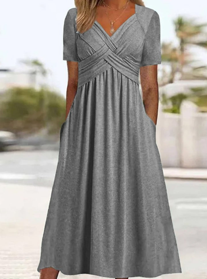 Damen nan Maxikleid kurzarm mit überkreuztem Oberteil und Eingrifftaschen Drune