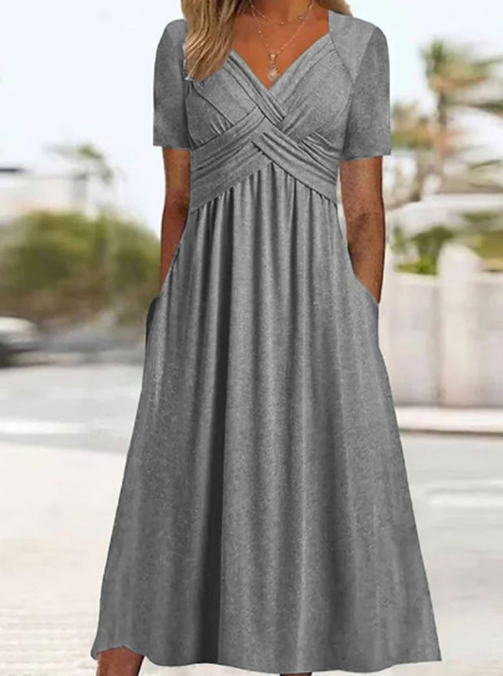 Damen nan luftiges V-Ausschnitt Midikleid mit überkreuzter Brustpartie, kurzen Ärmeln und Eingrifftaschen Drune