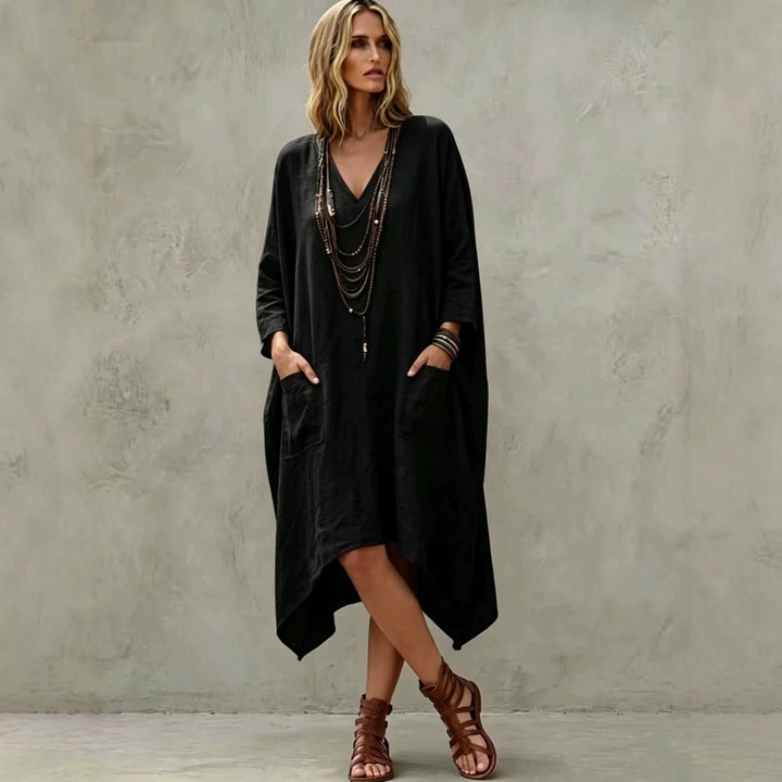 Damen nan Oversize Kaftankleid mit V-Ausschnitt, Eingrifftaschen und asymmetrischem Saum Drune