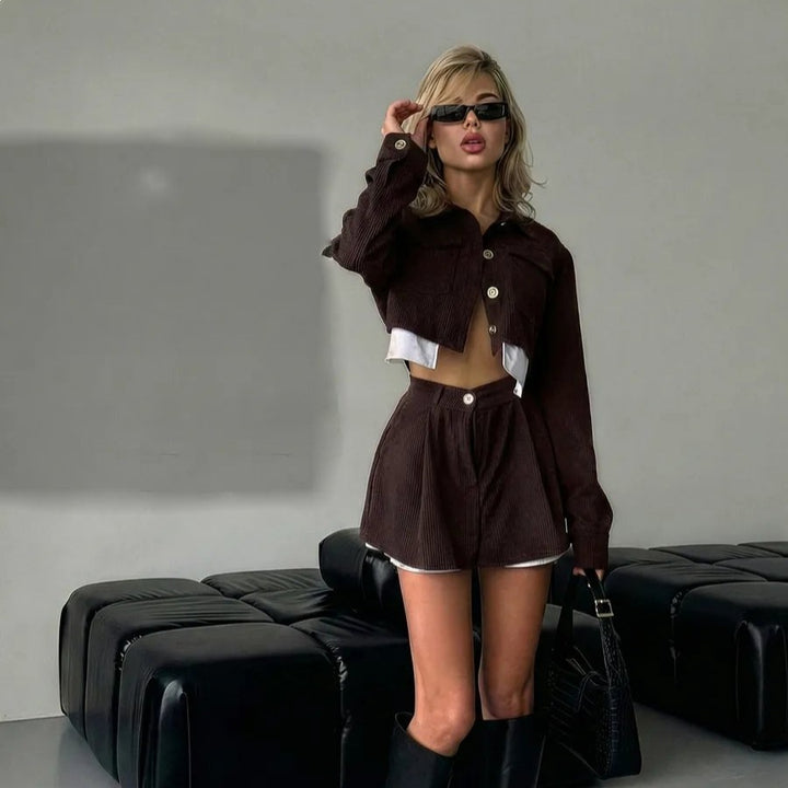 Damen modisches Cord-Anzugset mit kurzer Jacke und ausgestelltem Rock