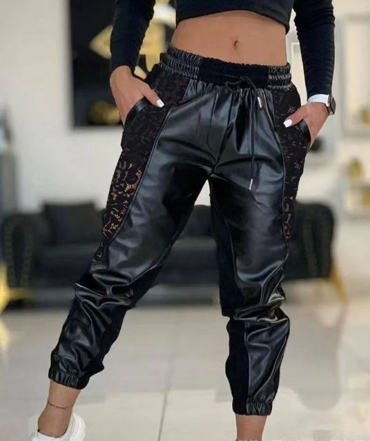 Damen Leder-Look Jogginghose mit Spitzen-Einsätzen Drune