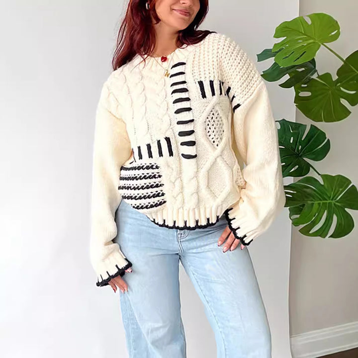 Damen Grobstrickpullover mit kreativem Patchwork-Design und lässigem Schnitt Drune