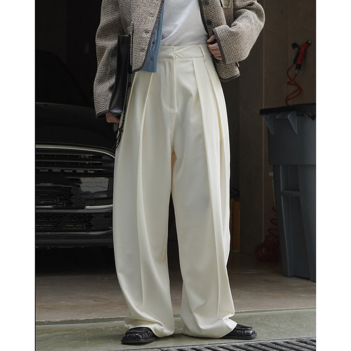Damen Weite hochtaillierte Palazzo-Hose mit doppelter Bundfalte und fließender Satin-Optik Drune