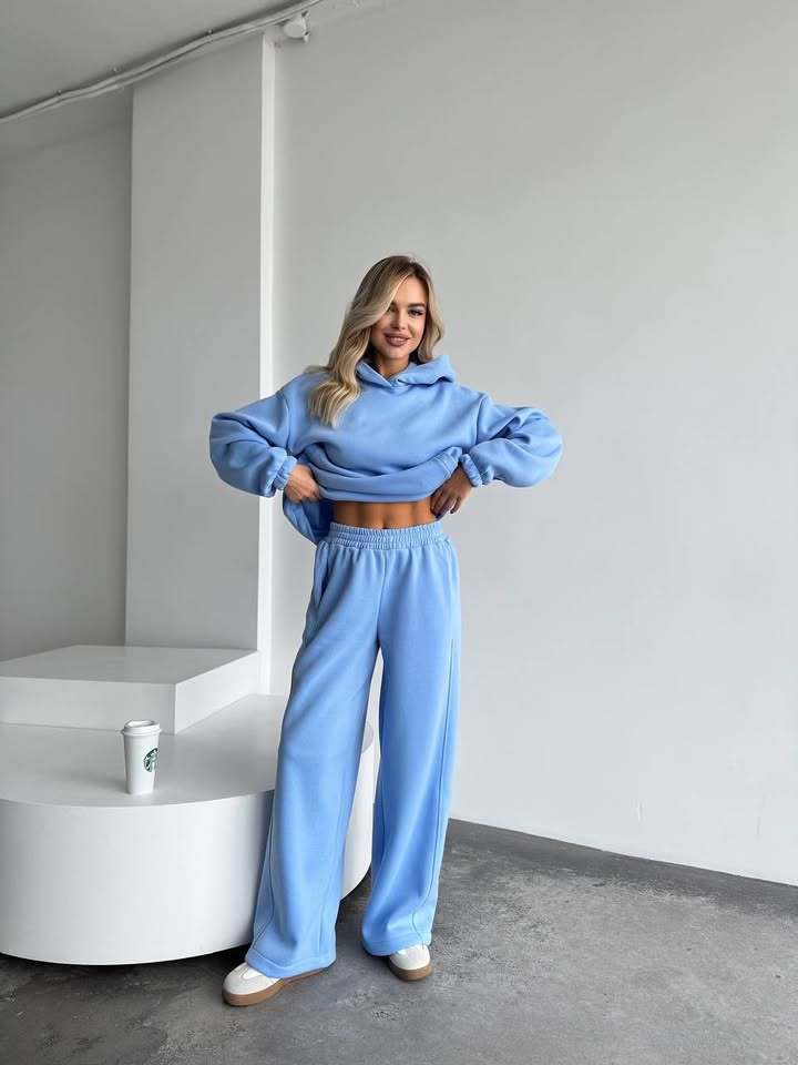 Damen Oversize Loungewear-Set aus schwerem Sweat mit Kapuzenpullover und weitem hochgeschnittenem Jogger Drune