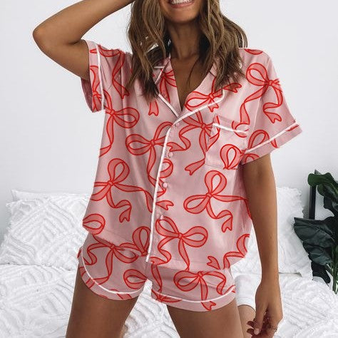 Damen Kurzarm-Pyjama-Set mit verspieltem Schleifenmuster Drune