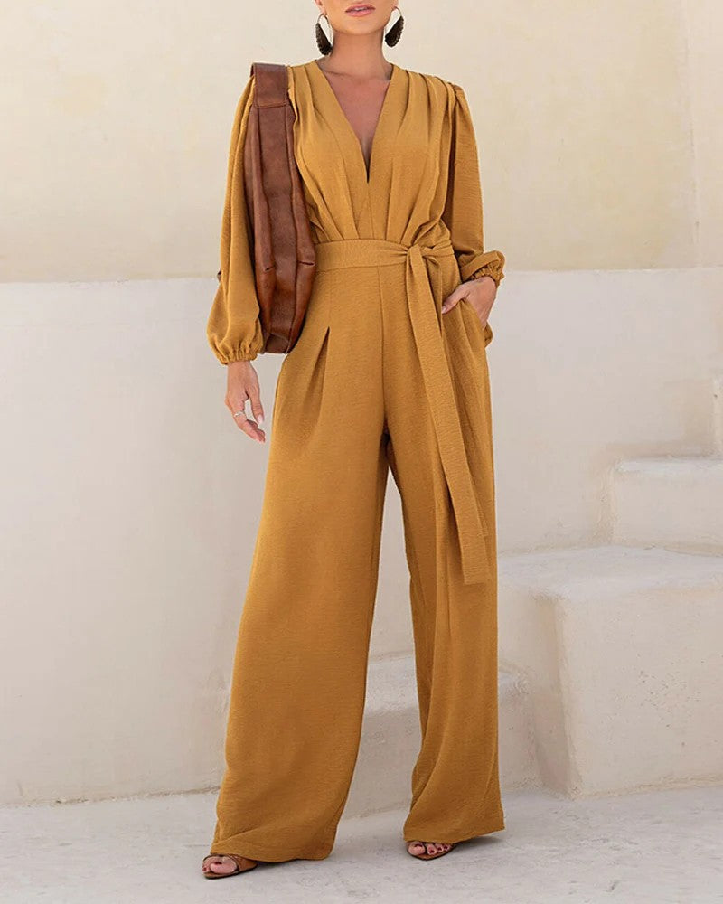 Damen Eleganter Palazzo-Jumpsuit mit tiefem V‑Ausschnitt, Bindegürtel und Ballonärmeln Drune