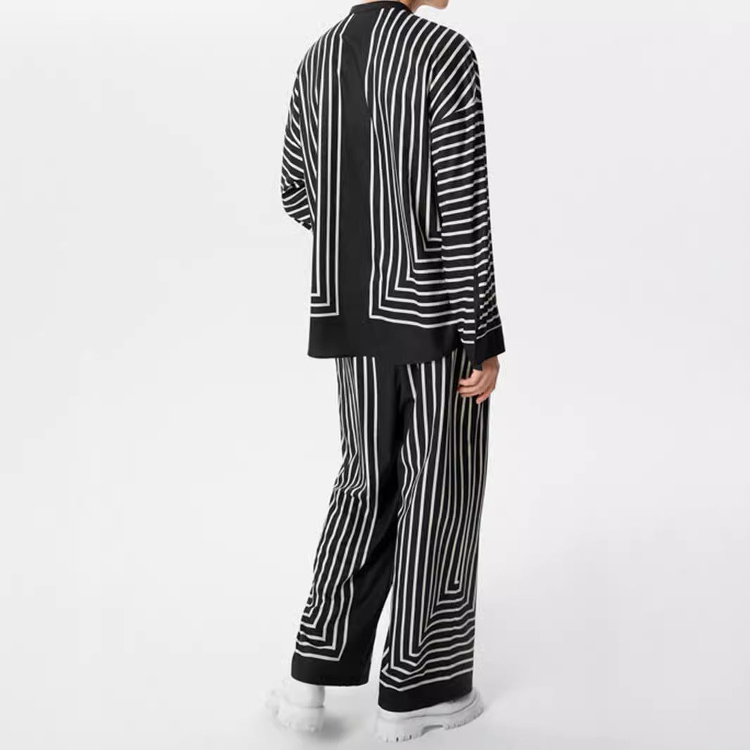 Damen nan gestreiftes Lounge-Zweiteiler mit Stehkragen knöpfbarer Hemdjacke und gerader Pyjamahose Drune