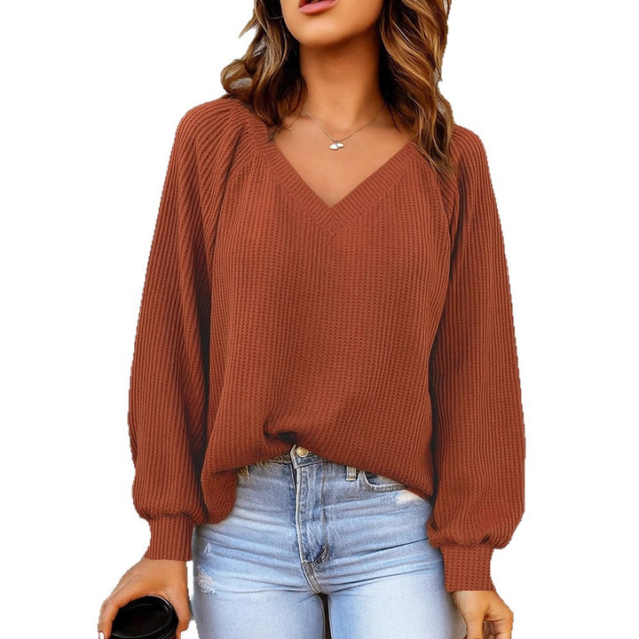 Damen Feinstruktur-Strickpullover mit V-Ausschnitt, Ballonärmeln und Rippbündchen Drune
