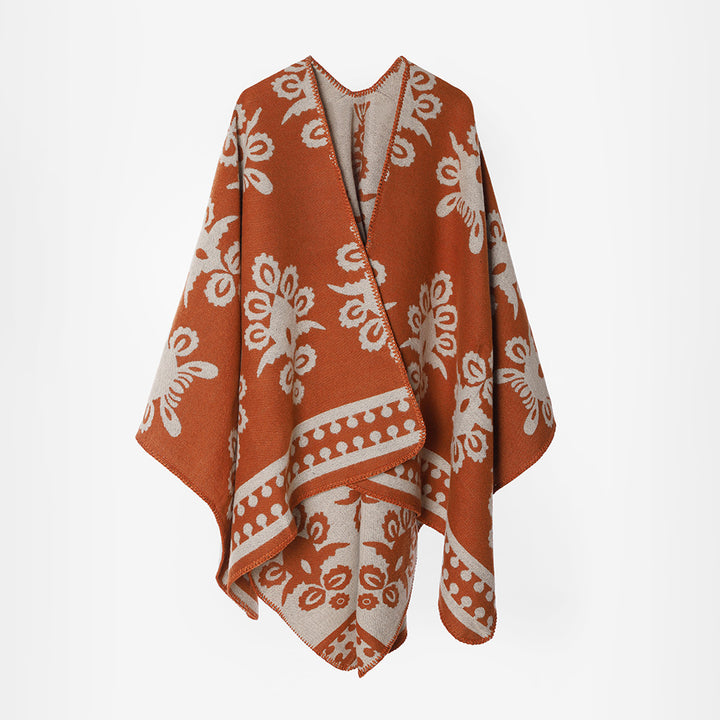 Damen Jacquard-Capeponcho mit floralem Muster und Oversize-Fall Drune