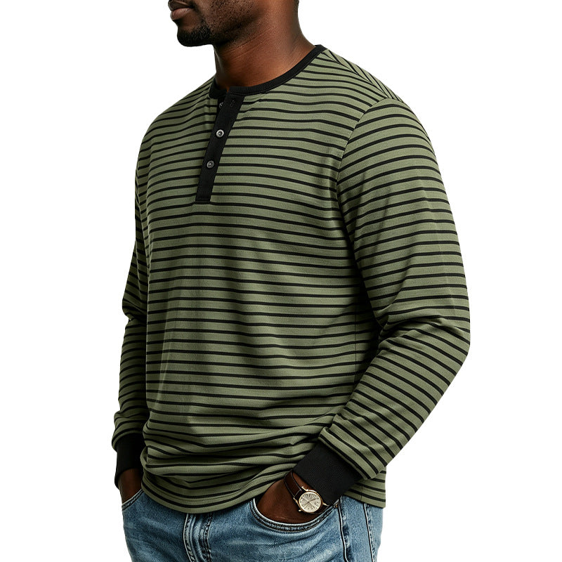 Herren Gestreiftes Langarm-Henleyshirt aus Baumwollmischung mit Knopfleiste Drune