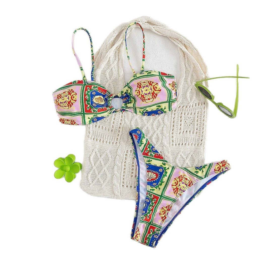 Damen Bikini mit elegantem Bandeau-Schnitt und buntem Muster Drune
