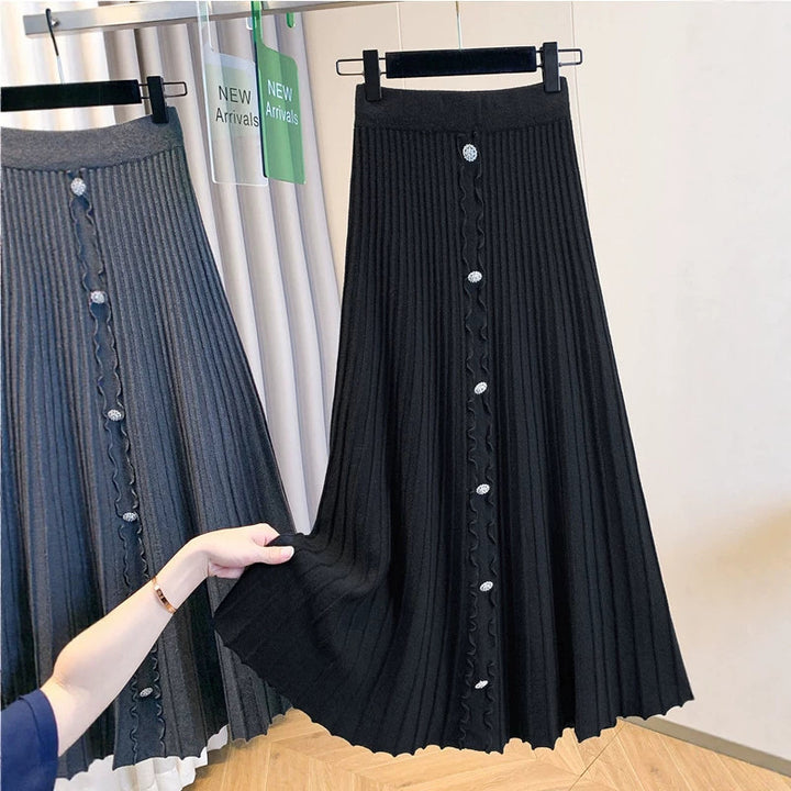 Damen Eleganter plissierter Maxirock mit Knopfdetails Drune