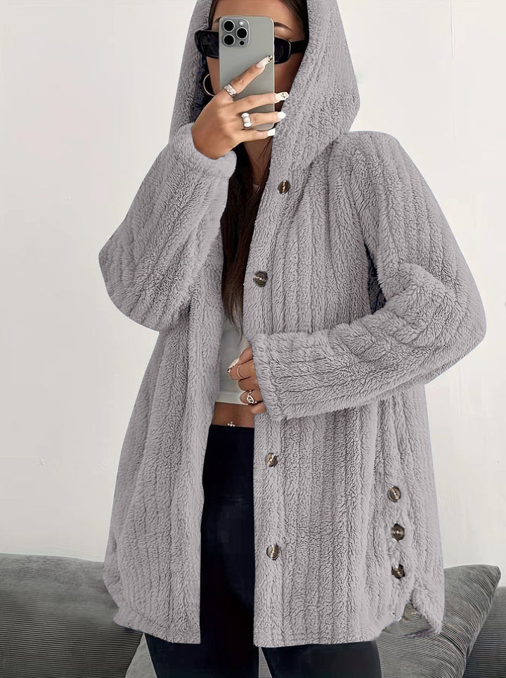 Damen Kuschelige Kapuzenjacke mit Knopfdetails Drune