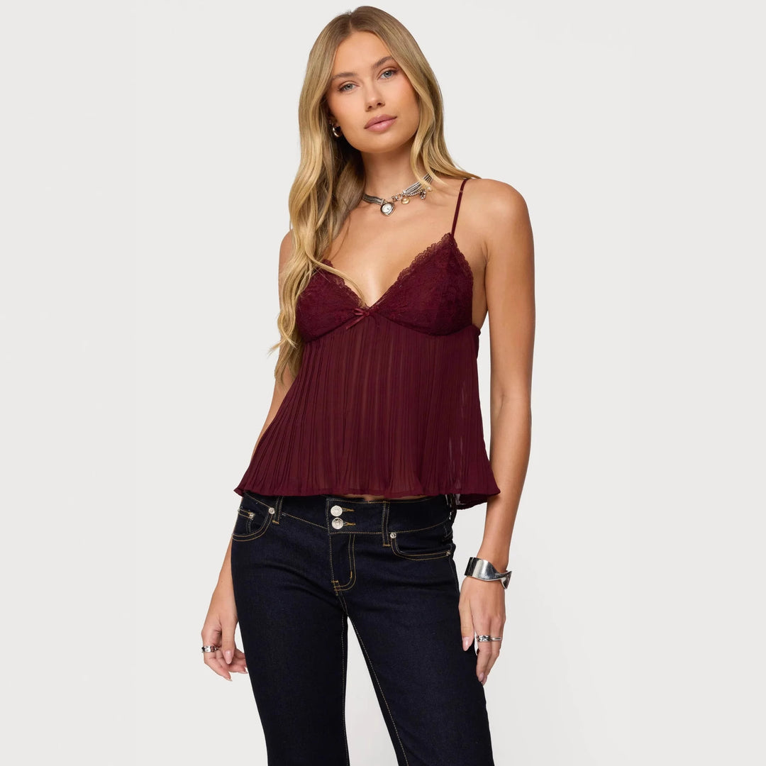 Damen Chiffon Top mit Spitzenakzenten und plissiertem Design Drune