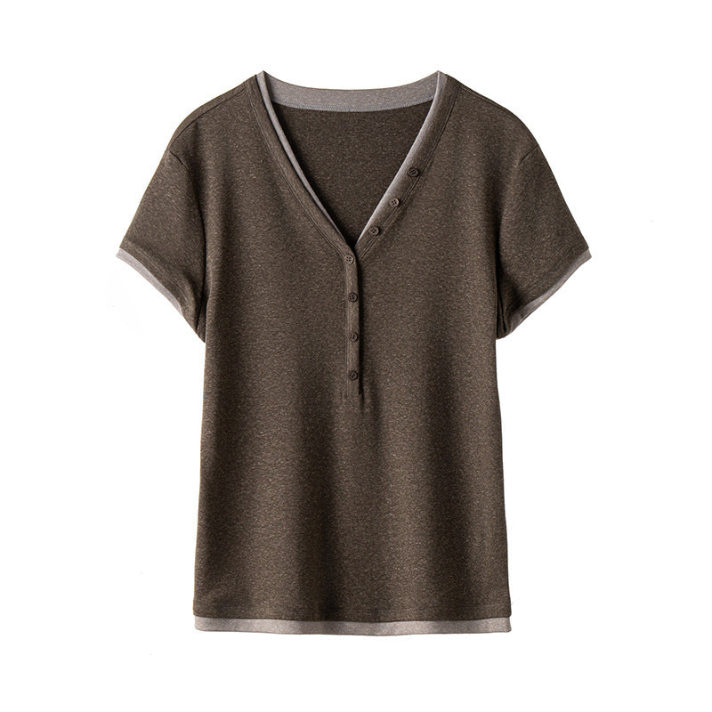 Damen Kurzärmeliges V-Ausschnitt-Henley-Shirt aus Stretch-Jersey mit feiner Knopfleiste Drune