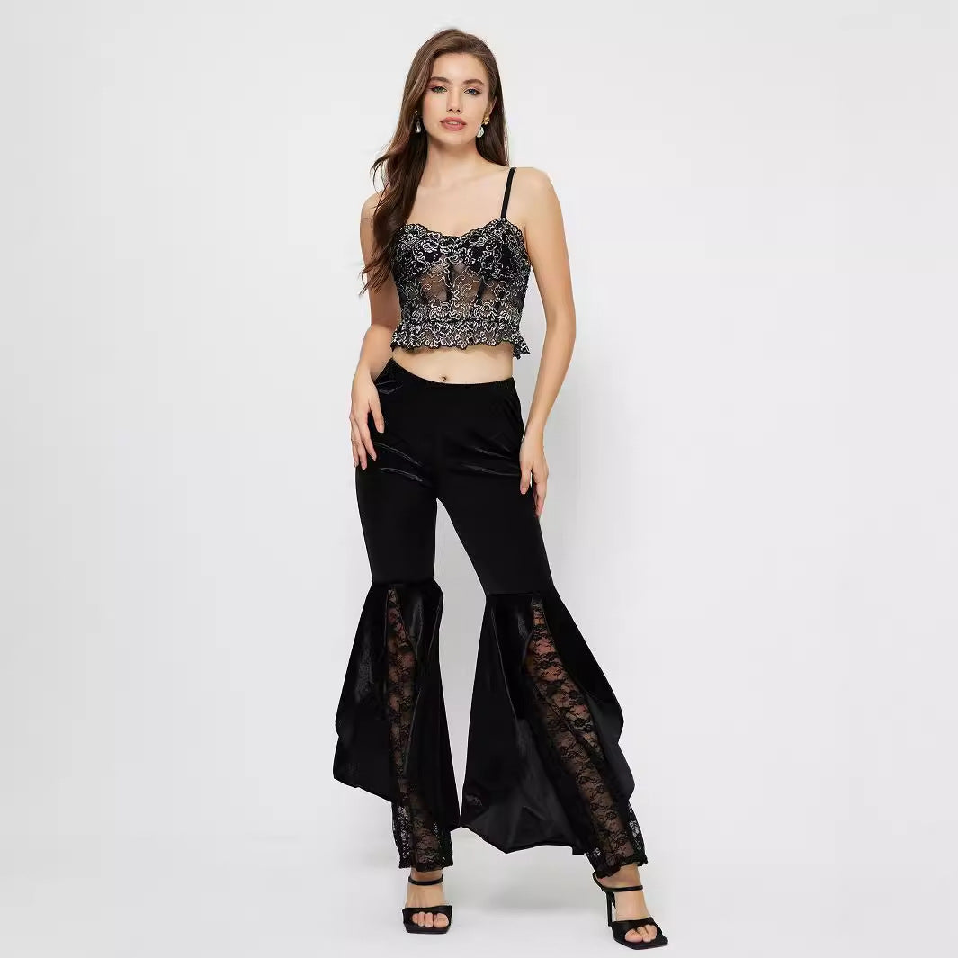 Damen elegante High-Waist Palazzo-Hose mit transparenten Spitzen-Einsätzen Drune